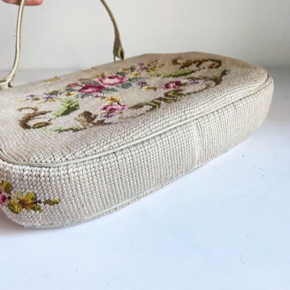 Vintage Ivory  Floral Needlepoint Pretty Cute Top Handle Bag - Picture 8 of 11